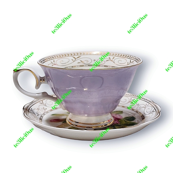 GRACE TEAWARE LAVENDER FLORAL ROSE GOLD TRIM FINE PORCELAIN TEACUP & SAUCER - Picture 9 of 15